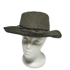 Black Cream Woven Paper Polyester Sun Hat Wide‎ Brim Fedora Style